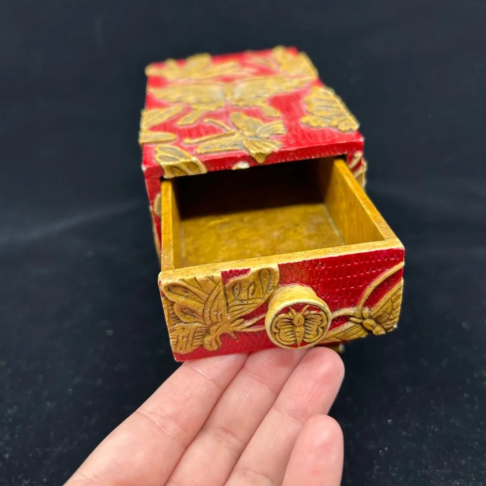 Carved Soapstone Vietnam Handmade Red Carved Butterfly Jewelry Drawer Box